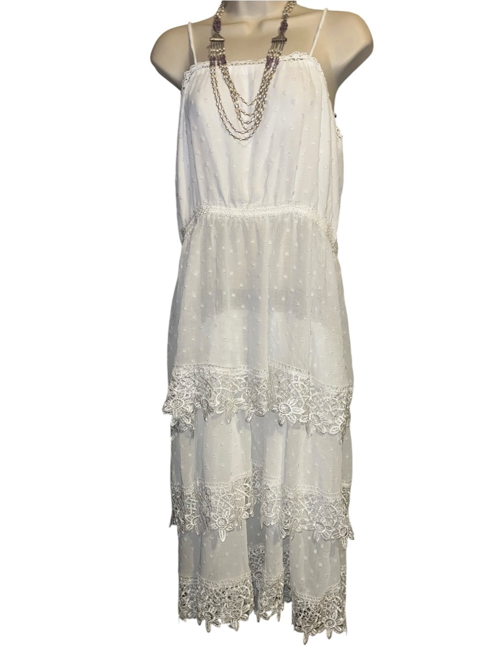 🌸POL L White Lace-Tiered Spaghetti Strap Dress P002 - Picture 2 of 5